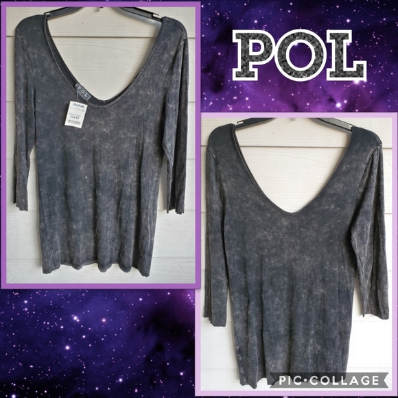 POL 3/4-sleeve Black Acid Wash Long Slinky Flowy Distressed V-neck Tunic - Picture 7 of 16
